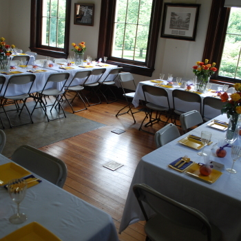 Tables and chairs set up